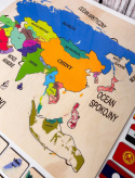 Drewniana Mapa Azji Montessori - flagi państw azjatyckich, państwa Azji