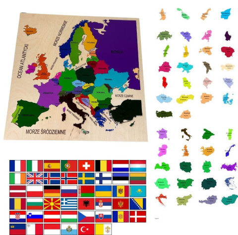 Drewniana Mapa Europy Montessori - flagi państw europejskich, państwa Europy Drewniana Mapa Europy Montessori - flagi państw europejskich, państwa Europy