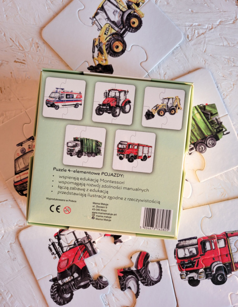 Puzzle 4-elementowe pojazdy, realistyczne malowane ilustracje Puzzle 4-elementowe pojazdy, realistyczne malowane ilustracje