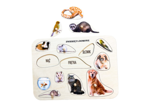 Zwierzęta domowe, drewniane puzzle z uchwytami i podpisami, pierwsze puzzle Zwierzęta domowe, drewniane puzzle z uchwytami i podpisami, pierwsze puzzle