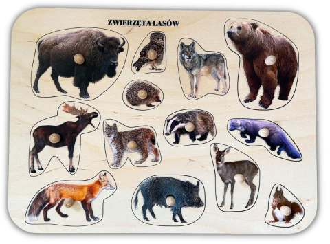 Zwierzęta leśne, drewniane puzzle z uchwytami i podpisami, pierwsze puzzle Zwierzęta leśne, drewniane puzzle z uchwytami i podpisami, pierwsze puzzle
